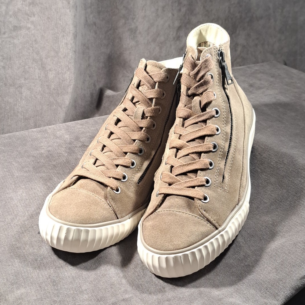 John Varvatos Bootleg Tan Suede Double Zipper + Lace Up Hightop Sneakers G- US 9